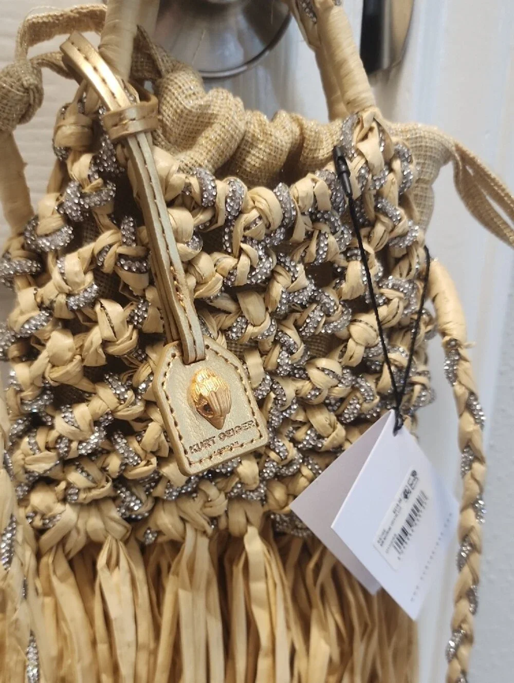 Kurt Geiger Straw Fringe Hanging Bag in Natural with Silver Accents